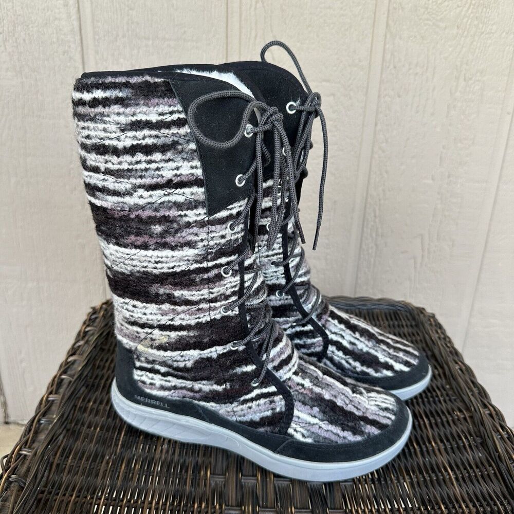 Merrell Boots Womens Size 9 Pechora Gray Knit Tall Knee‎ High Lace Up